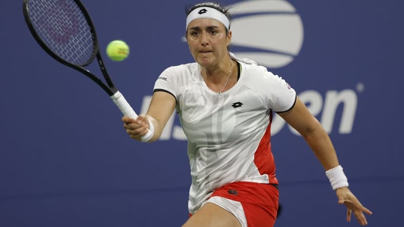 Sep 3, 2021; Flushing, NY, USA; Ons Jabeur of Tunisia hits a forehand against Elise Mertens of Belgium (not pictured) on day five of the 2021 U.S. Open tennis tournament at USTA Billie Jean King National Tennis Center. Mandatory Credit: Geoff Burke-USA TODAY Sports