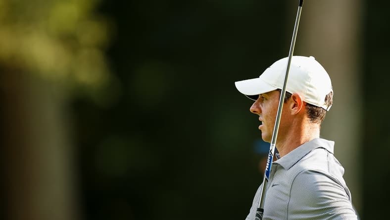 Aug 26, 2021; Owings Mills, Maryland, USA; Rory McIlroy watches his shot from the 15th hole during the first round of the BMW Championship golf tournament. Mandatory Credit: Scott Taetsch-USA TODAY Sports