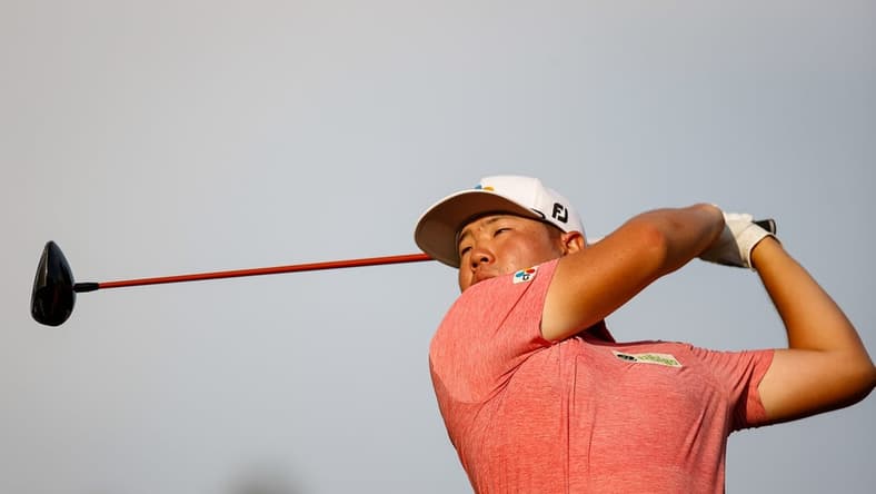Aug 26, 2021; Owings Mills, Maryland, USA; Sungjae Im plays his shot from the 16th tee during the first round of the BMW Championship golf tournament. Mandatory Credit: Scott Taetsch-USA TODAY Sports