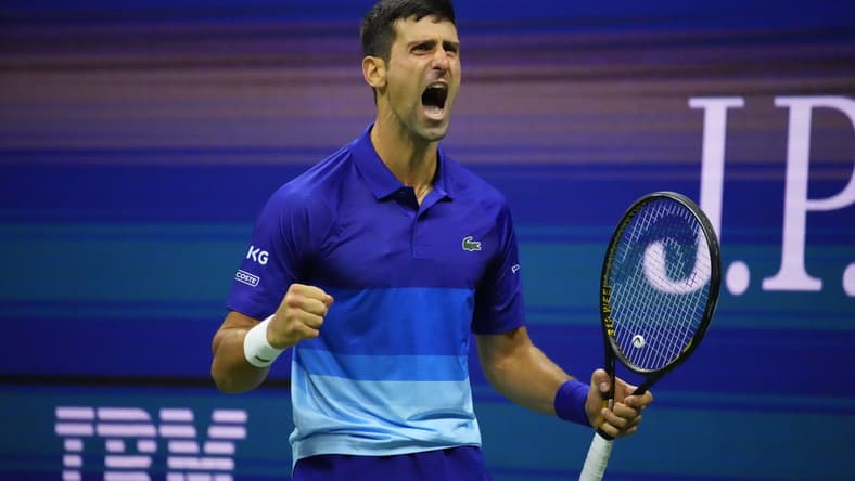Sep 10, 2021; Flushing, NY, USA; Novak Djokovic of Serbia reacts after winning a break point against Alexander Zverev of Germany (not pictured) in the fifth set on day twelve of the 2021 U.S. Open tennis tournament at USTA Billie Jean King National Tennis Center. Mandatory Credit: Robert Deutsch-USA TODAY Sports