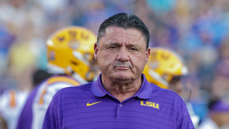 Sep 11, 2021; Baton Rouge, Louisiana, USA;  LSU Tigers head coach Ed Orgeron looks on during the first half against McNeese State Cowboys at Tiger Stadium. Mandatory Credit: Stephen Lew-USA TODAY Sports