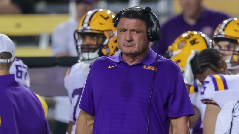 Sep 11, 2021; Baton Rouge, Louisiana, USA;  LSU Tigers head coach Ed Orgeron looks on against McNeese State Cowboys during the second half at Tiger Stadium. Mandatory Credit: Stephen Lew-USA TODAY Sports