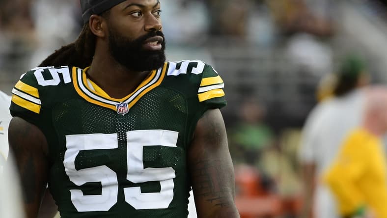 Sep 12, 2021; Jacksonville, Florida, USA; Green Bay Packers linebacker Za'Darius Smith (55) looks on the field during the fourth quarter against the New Orleans Saints at TIAA Bank Field. Mandatory Credit: Tommy Gilligan-USA TODAY Sports