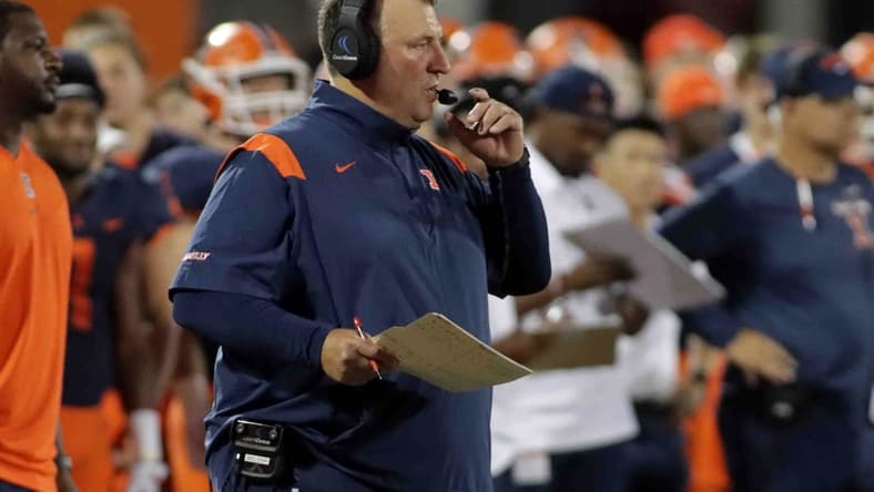 Sep 17, 2021; Champaign, Illinois, USA; Illinois Fighting Illini head coach Bret Bielema looks on from the sideline against the Maryland Terrapins at Memorial Stadium. Mandatory Credit: Ron Johnson-USA TODAY Sports