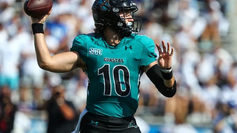 Sep 18, 2021; Buffalo, New York, USA; Coastal Carolina Chanticleers quarterback Grayson McCall (10) throws the ball against the Buffalo Bulls during the second half of play at UB Stadium. Mandatory Credit: Nicholas LoVerde-USA TODAY Sports
