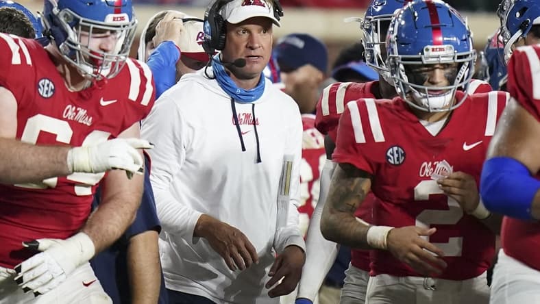 Sep 18, 2021; Oxford, Mississippi, USA; Mississippi Rebels head coach Lane Kiffen looks on from the sideline during their game against the Tulane Green Wave at Vaught-Hemingway Stadium. Mandatory Credit: Marvin Gentry-USA TODAY Sports
