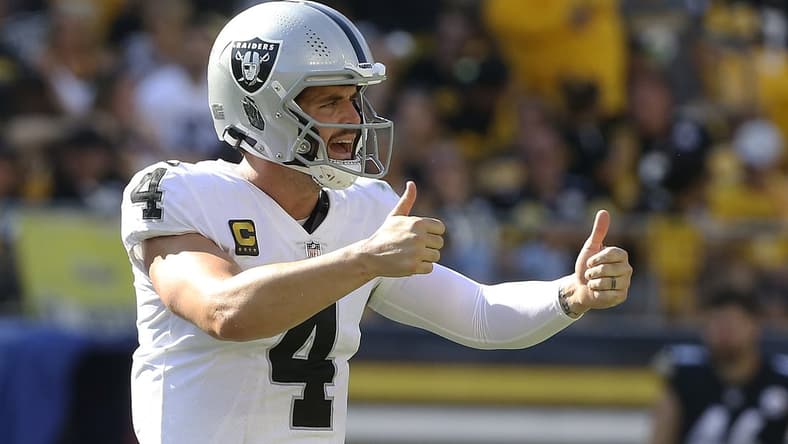 Sep 19, 2021; Pittsburgh, Pennsylvania, USA; Las Vegas Raiders quarterback Derek Carr (4) gestures on the field against the Pittsburgh Steelers during the fourth quarter at Heinz Field. Las Vegas won 26-17. Mandatory Credit: Charles LeClaire-USA TODAY Sports