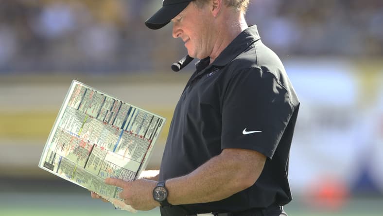 Sep 19, 2021; Pittsburgh, Pennsylvania, USA;  Las Vegas Raiders head coach Jon Gruden looks at his play chart against the Pittsburgh Steelers during the fourth quarter at Heinz Field. Las Vegas won 26-17.  Mandatory Credit: Charles LeClaire-USA TODAY Sports