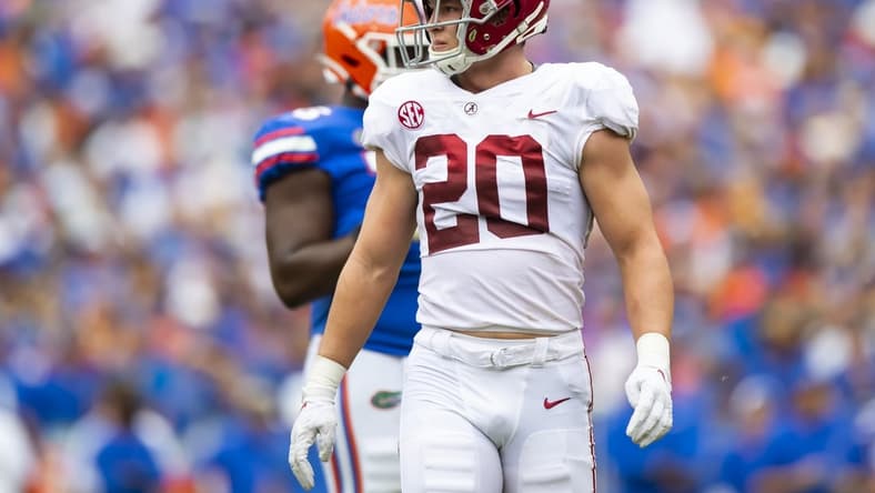 Sep 18, 2021; Gainesville, Florida, USA; Alabama Crimson Tide linebacker Drew Sanders (20) against the Florida Gators at Ben Hill Griffin Stadium. Mandatory Credit: Mark J. Rebilas-USA TODAY Sports
