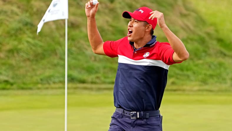 Sep 26, 2021; Haven, Wisconsin, USA; Team USA player Collin Morikawa reacts to his putt on the 17th green during day two four-ball rounds for the 43rd Ryder Cup golf competition at Whistling Straits. Mandatory Credit: Kyle Terada-USA TODAY Sports