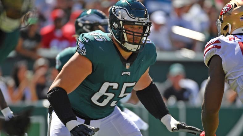 Sep 19, 2021; Philadelphia, Pennsylvania, USA; Philadelphia Eagles offensive tackle Lane Johnson (65) prepare to block against the San Francisco 49ers at Lincoln Financial Field. Mandatory Credit: Eric Hartline-USA TODAY Sports
