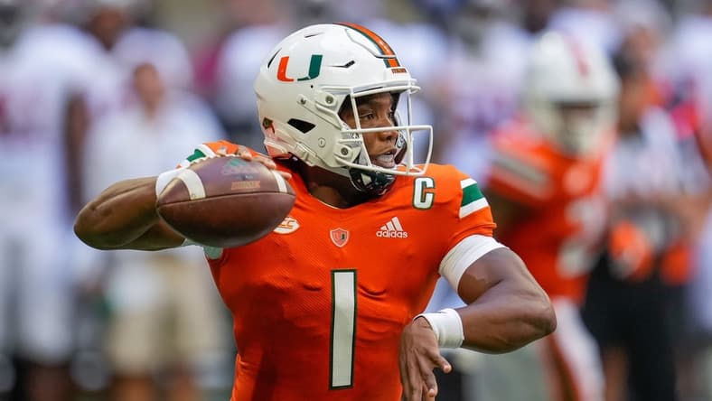 Sep 4, 2021; Atlanta, Georgia, USA; Miami Hurricanes quarterback D'Eriq King (1) in action against the Alabama Crimson Tide at Mercedes-Benz Stadium. Mandatory Credit: Dale Zanine-USA TODAY Sports