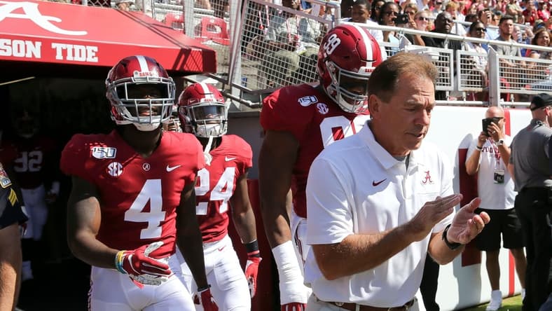 Coach Nick Saban leads the Crimson Tide players onto the field before Alabama's 49-7 victory over Southern Miss Saturday, Sept. 21, 2019 in Bryant-Denny Stadium. [Staff Photo/Gary Cosby Jr.]

Alabama Defeats Southern Miss