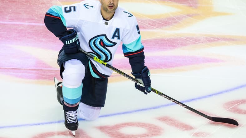 Sep 29, 2021; Calgary, Alberta, CAN; Seattle Kraken defenseman Mark Giordano (5) during the warmup period against the Calgary Flames at Scotiabank Saddledome. Mandatory Credit: Sergei Belski-USA TODAY Sports