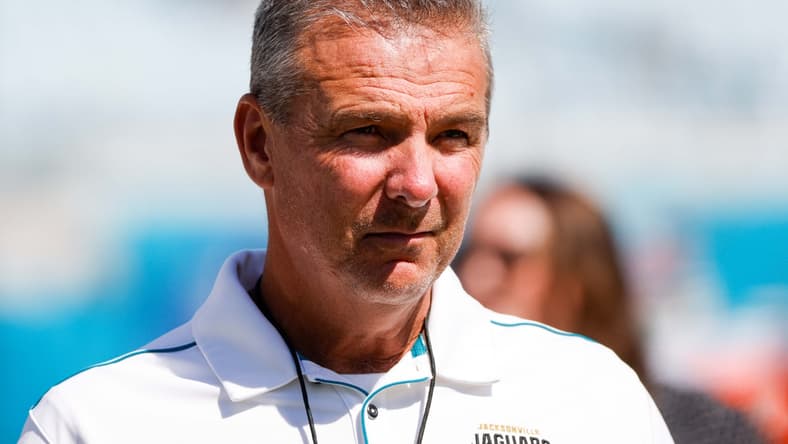 Sep 26, 2021; Jacksonville, Florida, USA;  Jacksonville Jaguars head coach Urban Meyer looks on prior to the watery of a game against the Arizona Cardinals at TIAA Bank Field. Mandatory Credit: Nathan Ray Seebeck-USA TODAY Sports