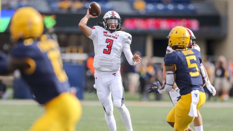 Oct 2, 2021; Morgantown, West Virginia, USA; Texas Tech Red Raiders quarterback Henry Colombi (3) throws a pass during the second quarter against the West Virginia Mountaineers at Mountaineer Field at Milan Puskar Stadium. Mandatory Credit: Ben Queen-USA TODAY Sports