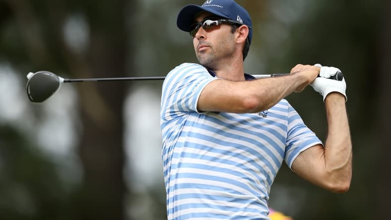 Oct 2, 2021; Jackson, Mississippi, USA; Cameron Tringale hits his tee shot on the 18th hole during the third round of the Sanderson Farms Championship at the Country Club of Jackson. Mandatory Credit: Chuck Cook-USA TODAY Sports