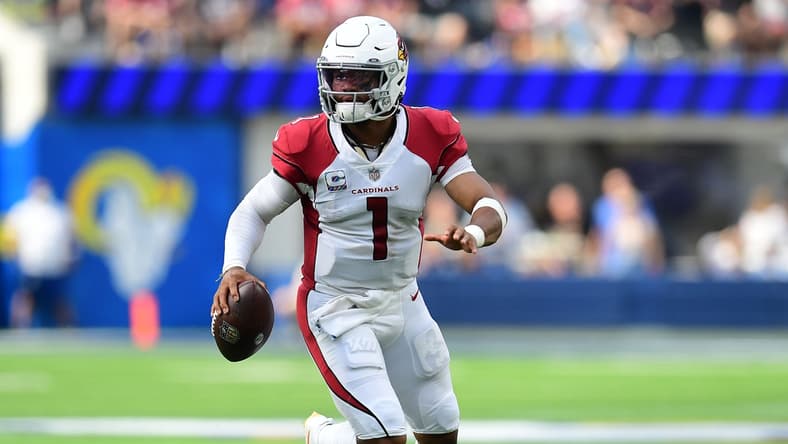 Oct 3, 2021; Inglewood, California, USA; Arizona Cardinals quarterback Kyler Murray (1) moves out to pass against the Los Angeles Rams during the first half at SoFi Stadium. Mandatory Credit: Gary A. Vasquez-USA TODAY Sports