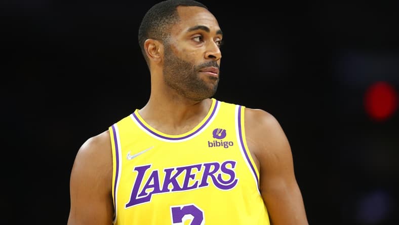 Oct 6, 2021; Phoenix, Arizona, USA; Los Angeles Lakers guard Wayne Ellington (2) against the Phoenix Suns during a preseason game at Footprint Center. Mandatory Credit: Mark J. Rebilas-USA TODAY Sports