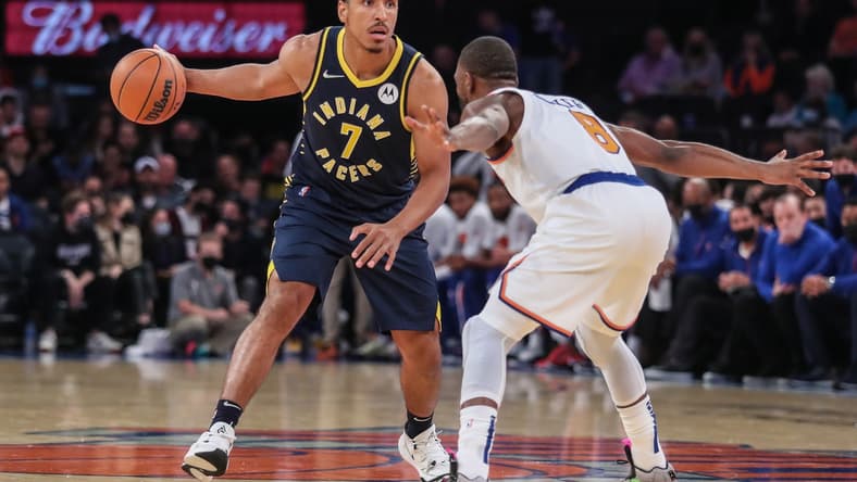 Oct 5, 2021; New York, New York, USA; Indiana Pacers guard Malcolm Brogdon (7) at Madison Square Garden. Mandatory Credit: Wendell Cruz-USA TODAY Sports