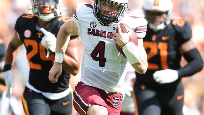 South Carolina quarterback Luke Doty (4) runs the ball down the field during an NCAA college football game between the Tennessee Volunteers and the South Carolina Gamecocks in Knoxville, Tenn. on Saturday, Oct. 9, 2021.

Kns Tennessee South Carolina Football