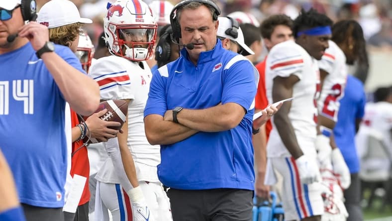 Oct 9, 2021; Annapolis, Maryland, USA; Southern Methodist Mustangs head coach Sonny Dykes durnign the first half against the Navy Midshipmen  at Navy-Marine Corps Memorial Stadium. Mandatory Credit: Tommy Gilligan-USA TODAY Sports