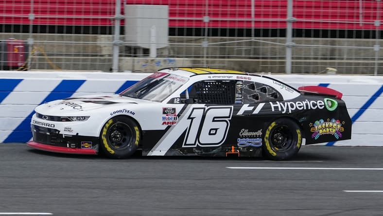 Oct 9, 2021; Concord, NC, USA; NASCAR Xfinity Series driver AJ Allmendinger (16) increases his lead during the Drive for the Cure 250 at Charlotte Motor Speedway. Mandatory Credit: Jim Dedmon-USA TODAY Sports