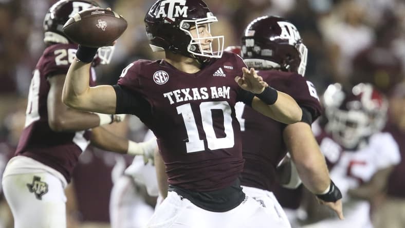 Oct 9, 2021; College Station, Texas, USA;  Texas A&M quarterback Zach Calzada (10) throws a pass against Alabama at Kyle Field. Texas A&M defeated Alabama 41-38 on a field goal as time expired. Mandatory Credit: Gary Cosby Jr.-USA TODAY Sports