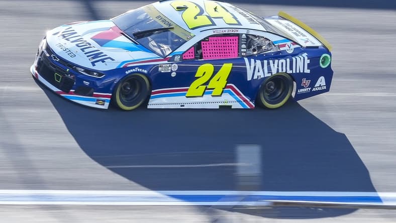 Oct 10, 2021; Concord, North Carolina, USA; NASCAR Cup Series driver William Byron (24) on the banking during the Bank of America Roval 400 at Charlotte Motor Speedway Road Course. Mandatory Credit: Jim Dedmon-USA TODAY Sports