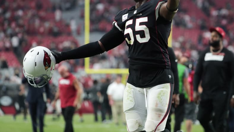 Oct 10, 2021; Glendale, Arizona, USA; Arizona Cardinals linebacker Chandler Jones (55) celebrates after beating the San Francisco 49ers 17-10 at State Farm Stadium. Mandatory Credit: Michael Chow-USA TODAY Sports