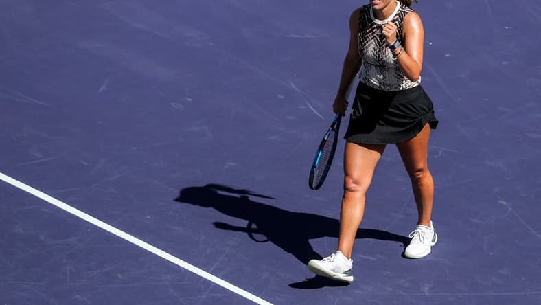 Jessica Pegula of the United States celebrates a win over Elina Svitolina of Ukraine in their round four match of the BNP Paribas Open, Tuesday, Oct. 12, 2021, in Indian Wells, Calif.