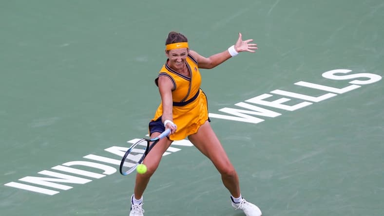 Victoria Azarenka of Belarus returns to Jessica Pegula of the United States during their quarterfinal match of the BNP Paribas Open, Wednesday, Oct. 13, 2021, in Indian Wells, Calif.