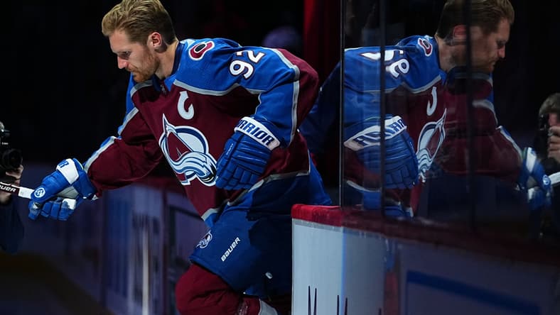 Oct 13, 2021; Denver, Colorado, USA; Colorado Avalanche left wing Gabriel Landeskog (92) before the game against the Chicago Blackhawks at Ball Arena. Mandatory Credit: Ron Chenoy-USA TODAY Sports