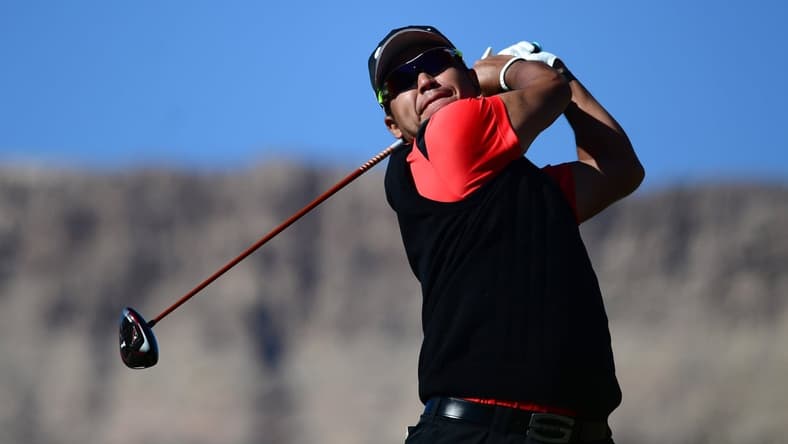 Oct 14, 2021; Las Vegas, Nevada, USA; Hideki Matsuyama tees off on the third during the first round of the CJ Cup golf tournament. Mandatory Credit: Joe Camporeale-USA TODAY Sports