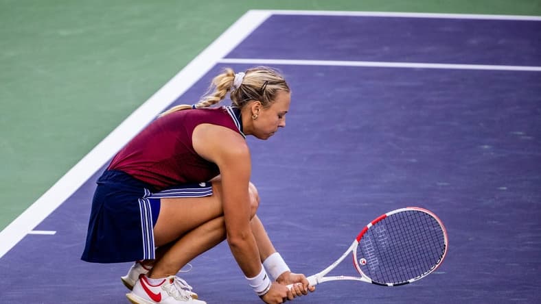 Anett Kontaveit of Estonia reacts during her loss to Ons Jabeur of Tunisia in their quarterfinal match at the BNP Paribas Open in Indian Wells, Calif., on October 14, 2021.

Ons Jabeur Def Anett Kontaveit Bnp Paribas2148