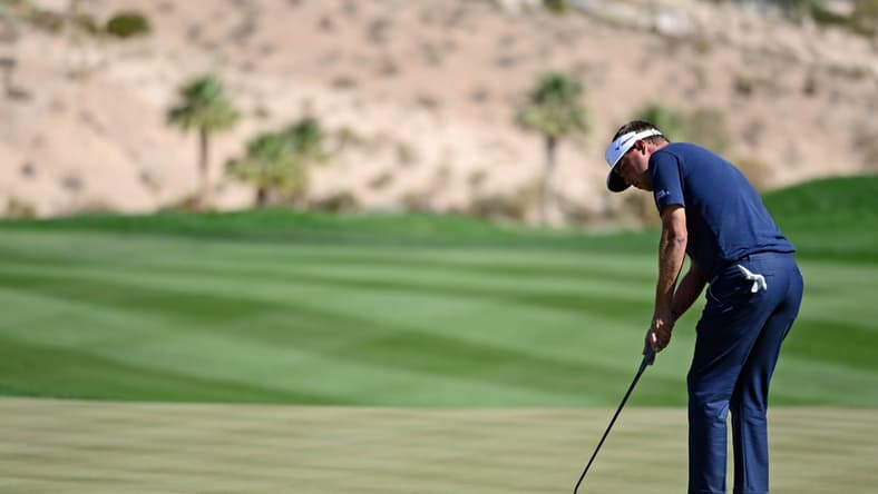 Oct 15, 2021; Las Vegas, Nevada, USA; Keith Mitchell putts on the 17th green during the second round of the CJ Cup golf tournament at The Summit Club. Mandatory Credit: Joe Camporeale-USA TODAY Sports