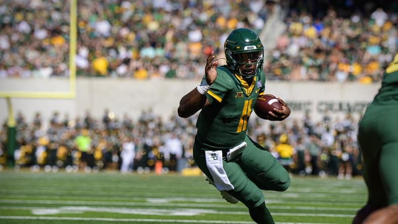 Oct 9, 2021; Waco, Texas, USA; Baylor Bears quarterback Gerry Bohanon (11) in action during the game between the Baylor Bears and the West Virginia Mountaineers at McLane Stadium. Mandatory Credit: Jerome Miron-USA TODAY Sports