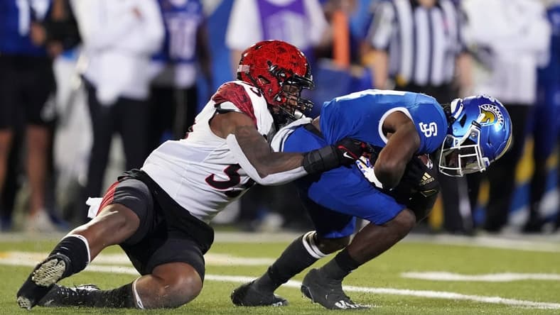 Oct 15, 2021; San Jose, California, USA; San Diego State Aztecs defensive lineman Sefo Mailangi (55) tackles San Jose State Spartans running back Shamar Garrett (24) for a loss during the second quarter at CEFCU Stadium. Mandatory Credit: Darren Yamashita-USA TODAY Sports