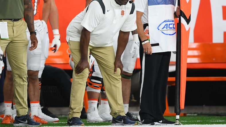 Oct 9, 2021; Syracuse, New York, USA; Syracuse Orange head coach Dino Babers looks on against the Wake Forest Demon Deacons during the second half at the Carrier Dome. Mandatory Credit: Rich Barnes-USA TODAY Sports