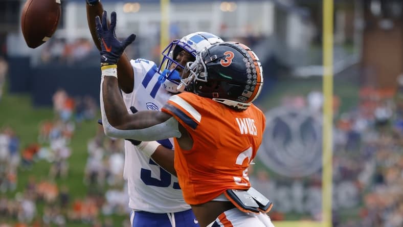 Oct 16, 2021; Charlottesville, Virginia, USA; Duke Blue Devils cornerback Josh Blackwell (31) breaks up a pass in the end zone intended for Virginia Cavaliers wide receiver Dontayvion Wicks (3) during the first quarter at Scott Stadium. Mandatory Credit: Geoff Burke-USA TODAY Sports