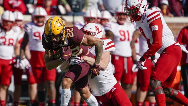 Oct 16, 2021; Minneapolis, Minnesota, USA; Minnesota Golden Gophers wide receiver Mike Brown-Stephens (22) runs for more yards after the catch against the Nebraska Cornhuskers during the second quarter at Huntington Bank Stadium. Mandatory Credit: Nick Wosika-USA TODAY Sports