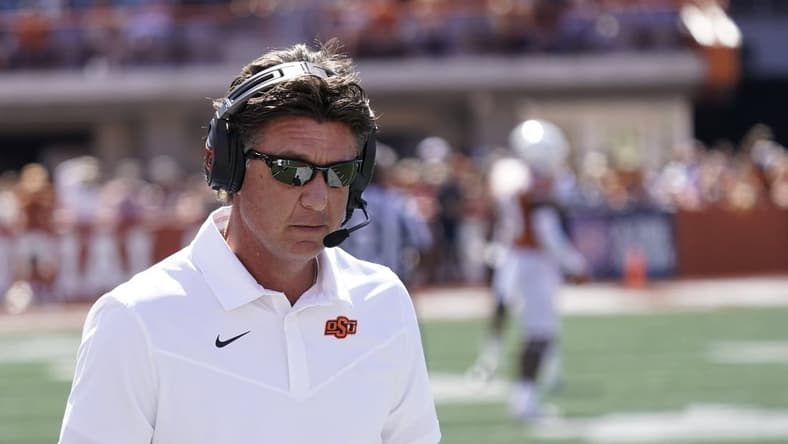 Oct 16, 2021; Austin, Texas, USA; Oklahoma State Cowboys head coach Mike Gundy in the second half of the game against the Texas Longhorns at Darrell K Royal-Texas Memorial Stadium. Mandatory Credit: Scott Wachter-USA TODAY Sports