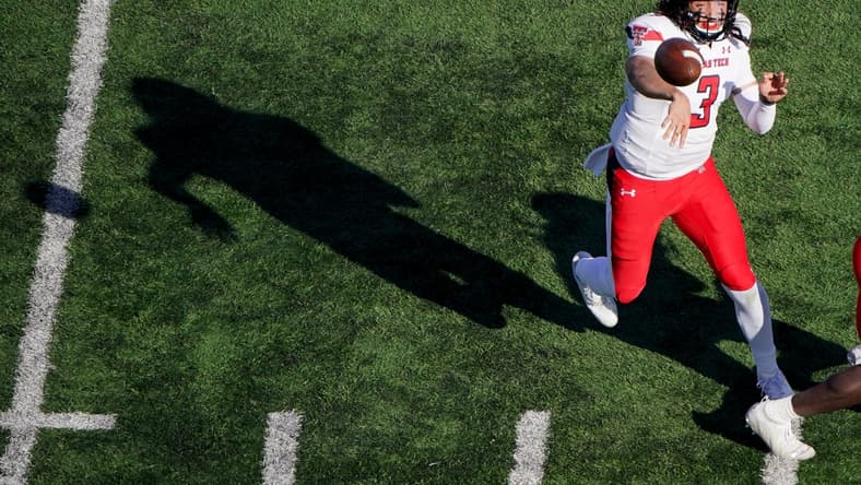 Oct 16, 2021; Lawrence, Kansas, USA; Texas Tech Red Raiders quarterback Henry Colombi (3) throws a pass against the Kansas Jayhawksduring the first half at David Booth Kansas Memorial Stadium. Mandatory Credit: Denny Medley-USA TODAY Sports