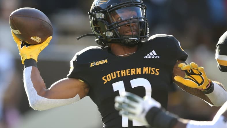 Oct 16, 2021; Hattiesburg, Mississippi, USA; Southern Miss Golden Eagles quarterback Chandler Pittman (12) looks to throw a pass in the second half against the UAB Blazers at M.M. Roberts Stadium. Mandatory Credit: Chuck Cook-USA TODAY Sports