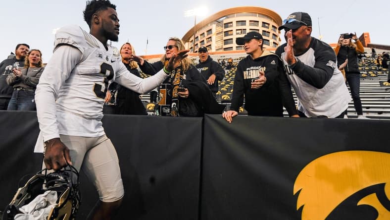 Oct 16, 2021; Iowa City, Iowa, USA; Purdue Boilermakers wide receiver David Bell (3) reacts with fans after a game against the Iowa Hawkeyes at Kinnick Stadium. Mandatory Credit: Jeffrey Becker-USA TODAY Sports