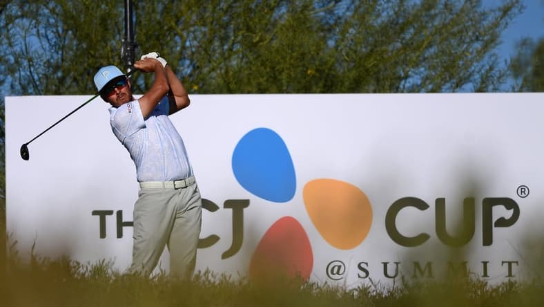 Oct 16, 2021; Las Vegas, Nevada, USA; Rickie Fowler tees off on the 15th hole during the third round of the CJ Cup golf tournament. Mandatory Credit: Joe Camporeale-USA TODAY Sports