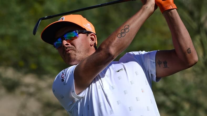 Oct 17, 2021; Las Vegas, Nevada, USA; Rickie Fowler tees off on the second during the final round of the CJ Cup golf tournament. Mandatory Credit: Joe Camporeale-USA TODAY Sports