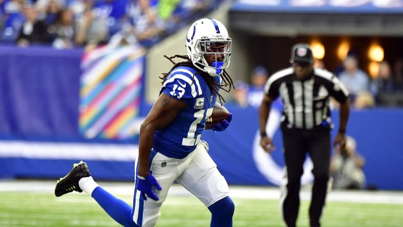 Oct 17, 2021; Indianapolis, Indiana, USA; Indianapolis Colts wide receiver T.Y. Hilton (13) runs the ball during the second half against the Houston Texans at Lucas Oil Stadium. The Colts win 31-3. Mandatory Credit: Marc Lebryk-USA TODAY Sports