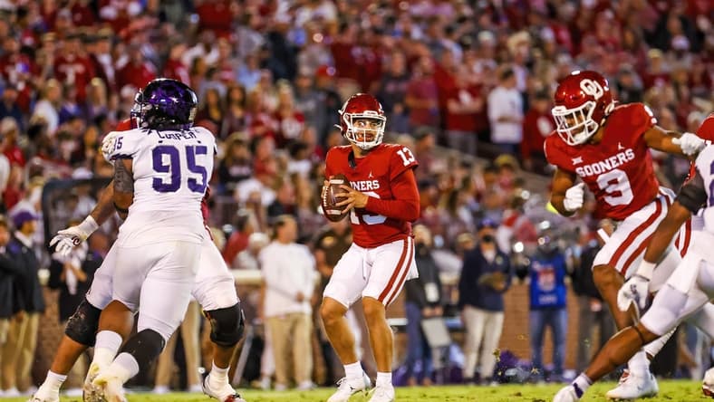 Oct 16, 2021; Norman, Oklahoma, USA; Oklahoma Sooners quarterback Caleb Williams (13) in action during the game  against the TCU Horned Frogs at Gaylord Family-Oklahoma Memorial Stadium. Mandatory Credit: Kevin Jairaj-USA TODAY Sports