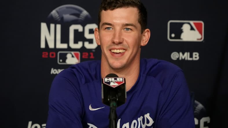 Oct 19, 2021; Los Angeles, California, USA; Los Angeles Dodgers starting pitcher Walker Buehler (21) during a press conference following game three of the 2021 NLCS at Dodger Stadium. The Dodgers won game three 6-5 and the Atlanta Braves lead the series 2 games to 1. Mandatory Credit: Kirby Lee-USA TODAY Sports
